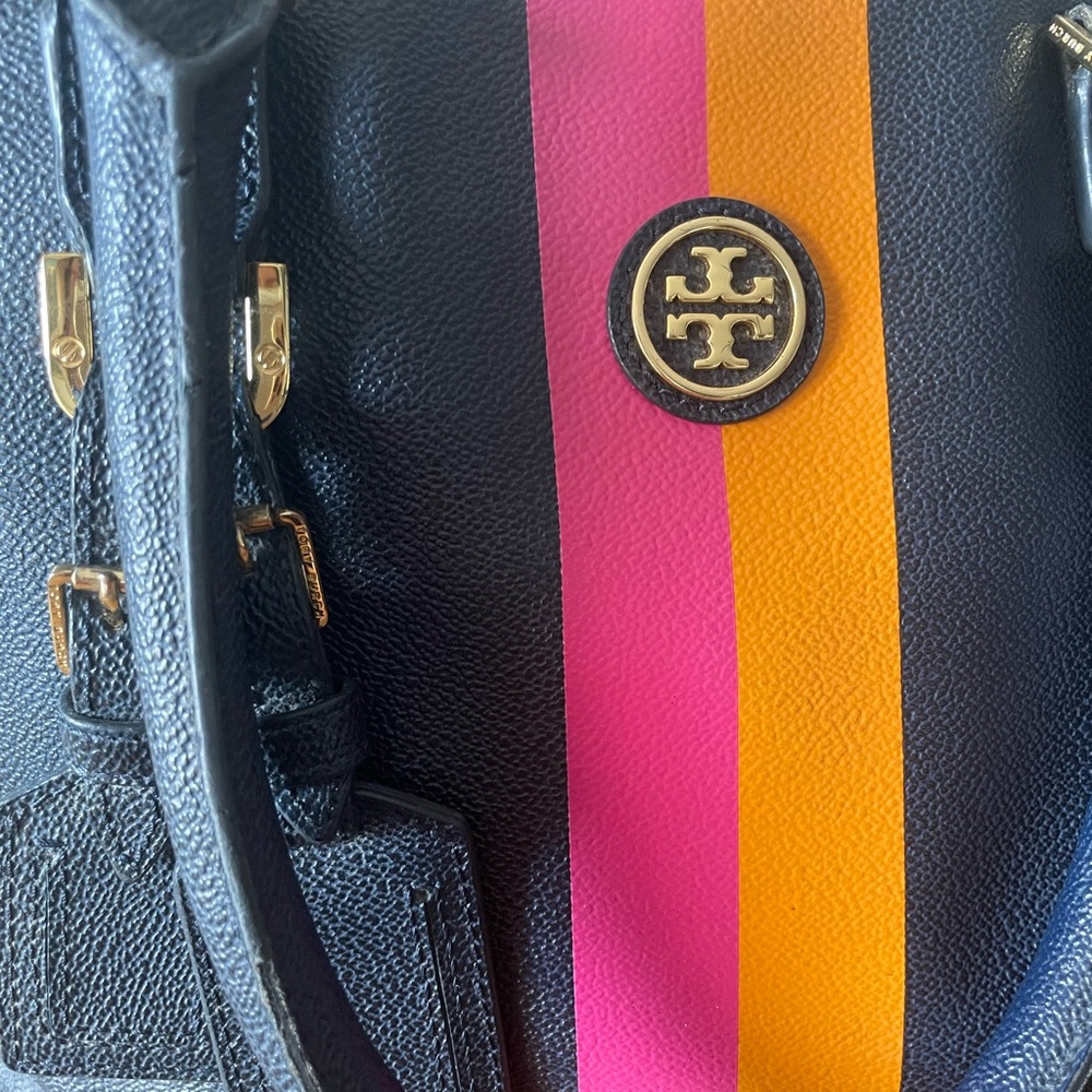 Tory Burch navy canvas bag, pink orange stripes. 
Large